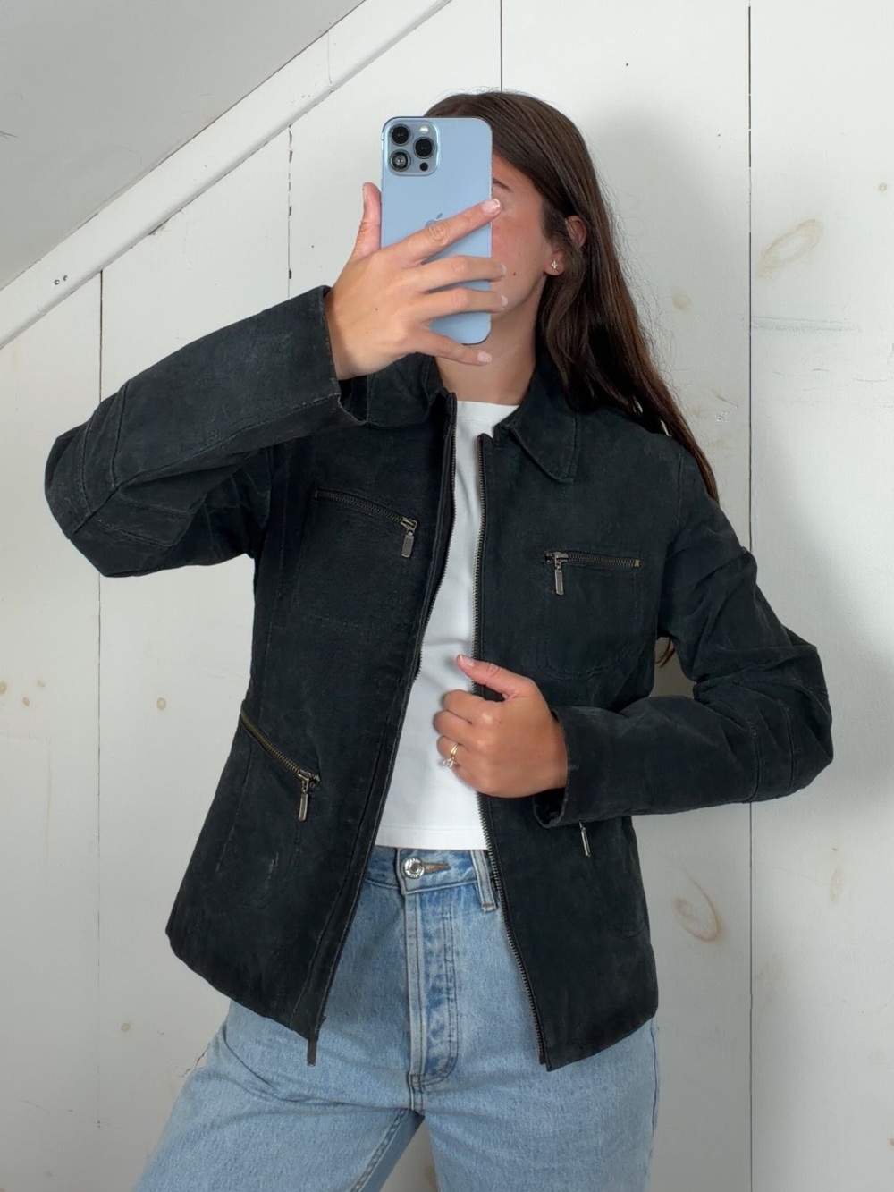 Vintage Black Suede Leather Full Zip Collared Jacket Women’s L Lightweight Y2K